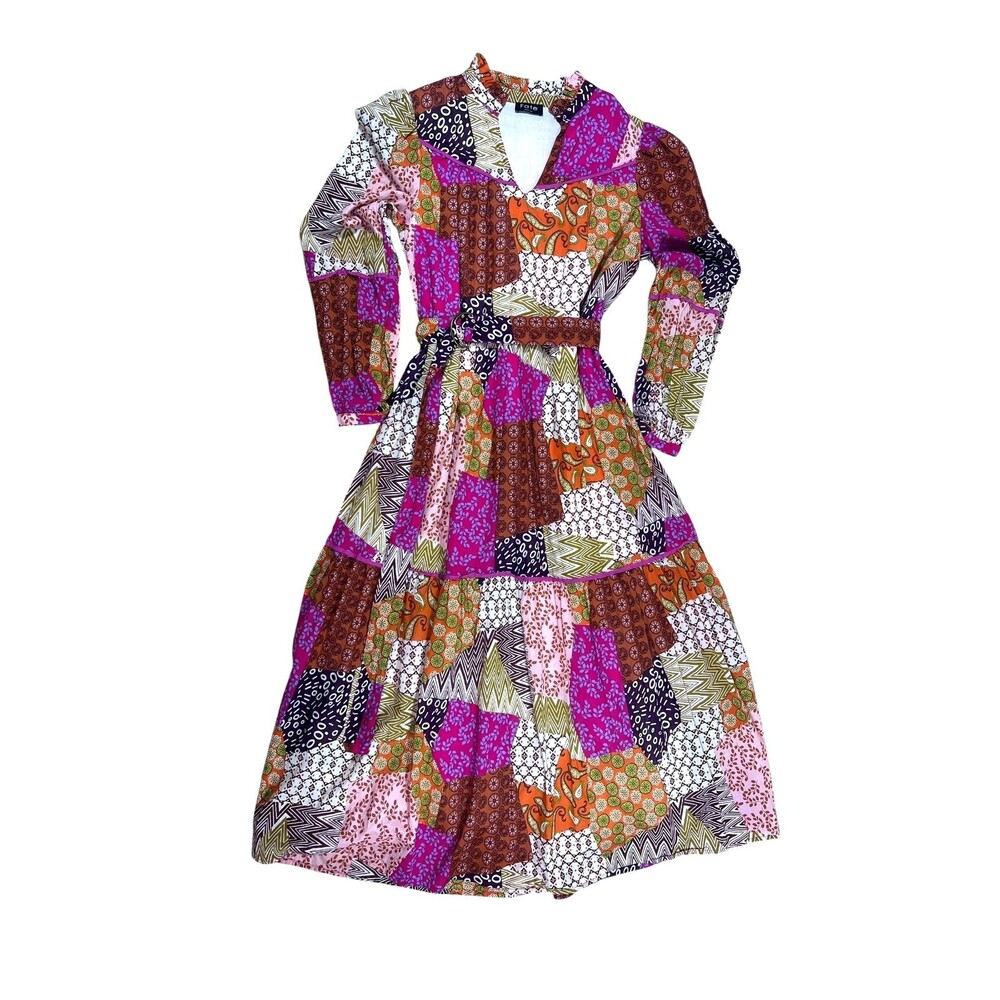 Fate Patchwork Boho Midi Maxi Dress Medium Cotton Belted Tiered Pockets 50" - Picture 2 of 13